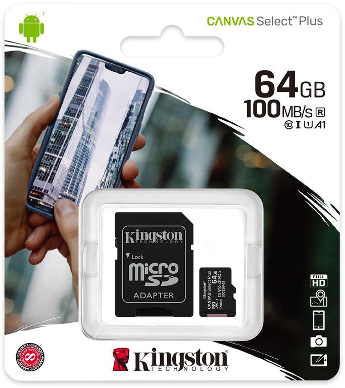 Karta pamięci Kingston Canvas Select Plus 64GB 100MB microSDXC CL10 UHS-I Card + SD Adapter (1)